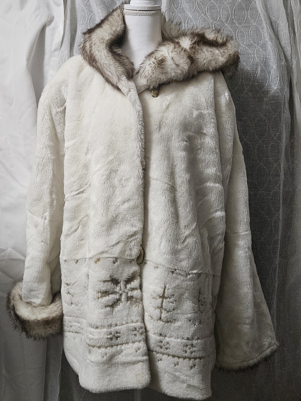 Coldwater Creek Cream Faux Fur Hooded Coat with Brown-Trim, Hooded